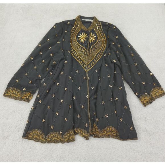 French Collizioni Beaded Jacket Womens Plus‎ 3X Black Gold Sequin Formal Party - Picture 1 of 16